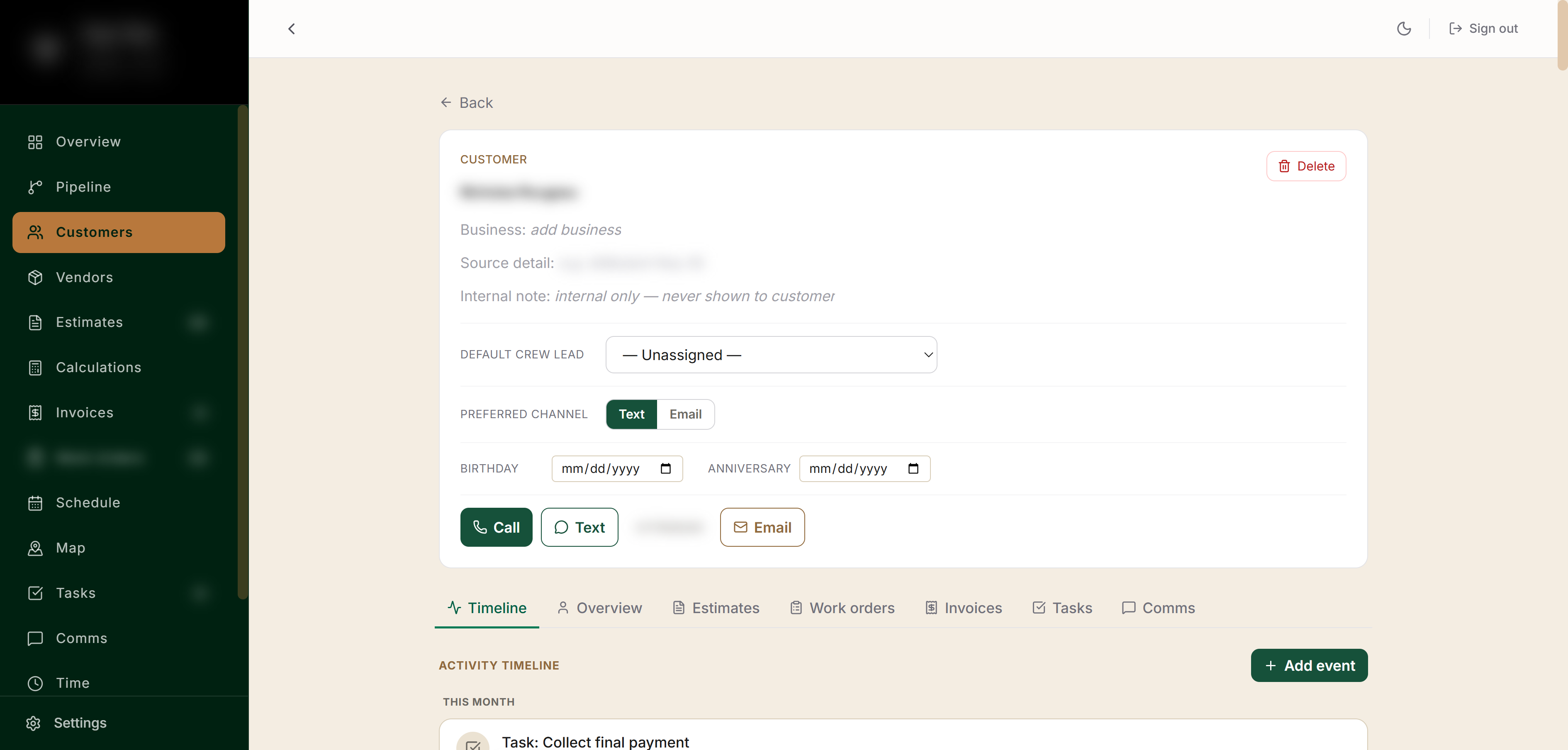Customer record with full activity timeline