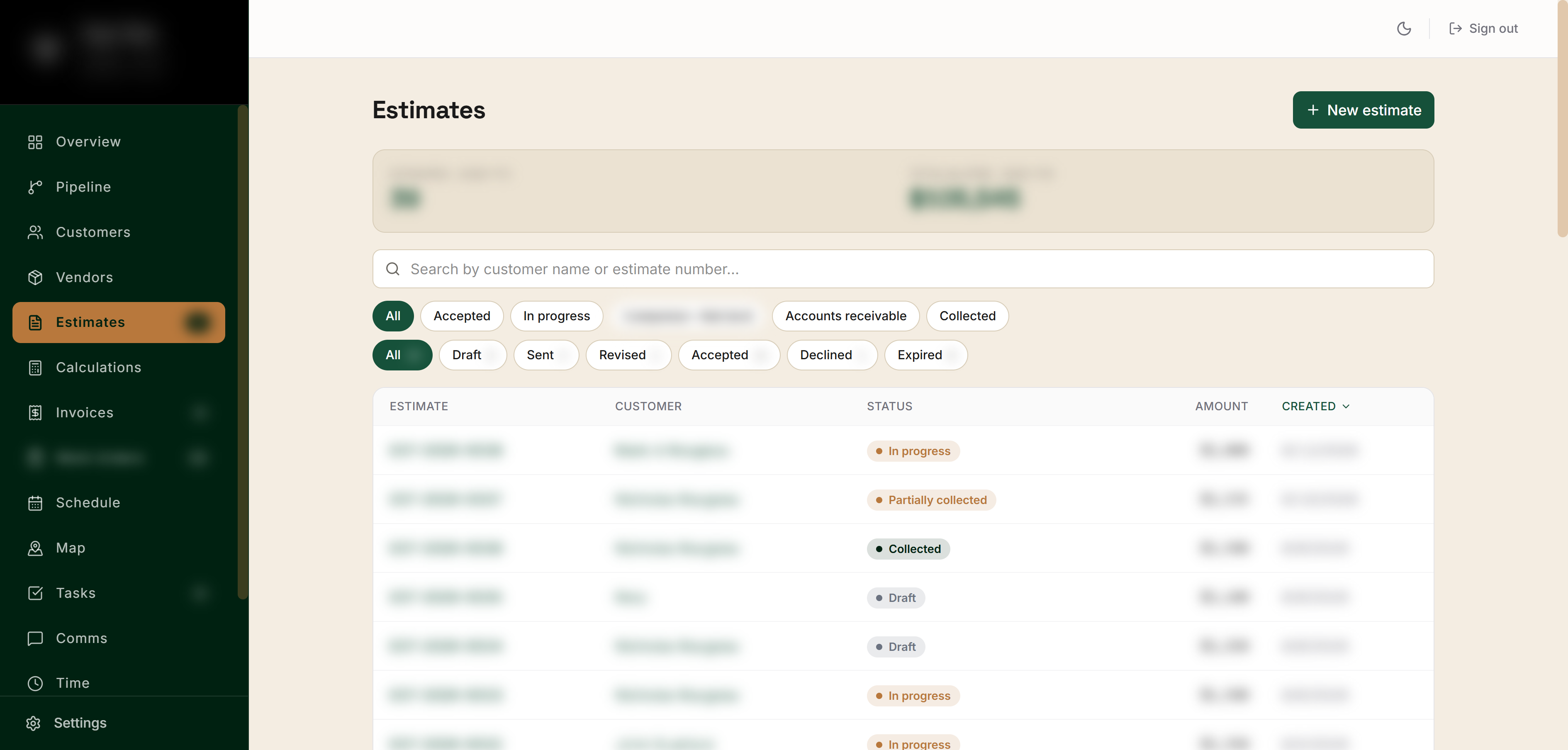 Estimates list with quoting totals and status
