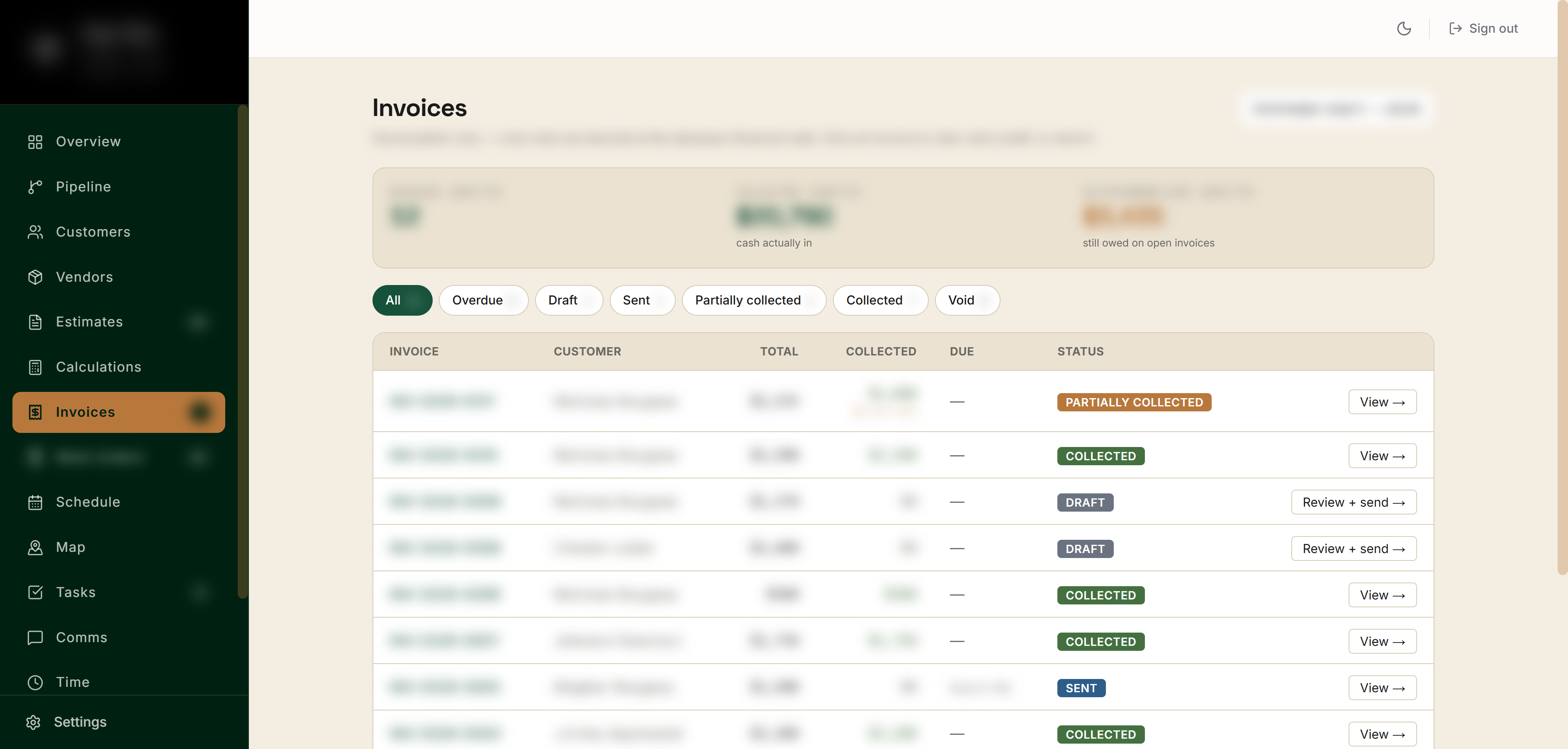Invoices with collected and outstanding receivables